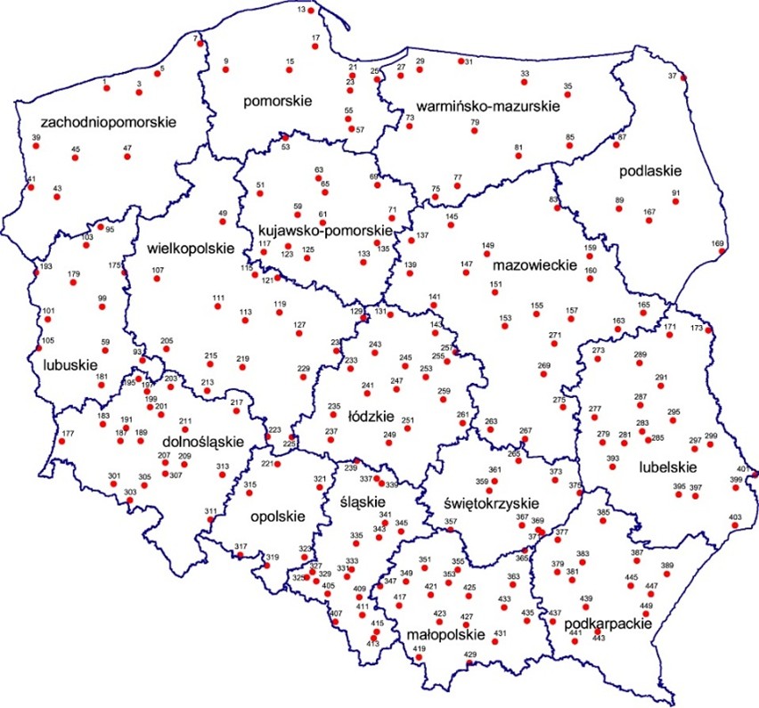 Rozmieszczenie 216 punktów pomiarowych
